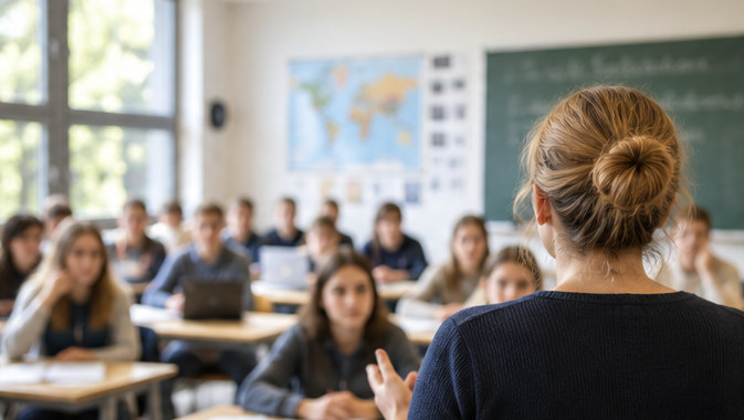 KI-generiertes Symbolbild: Lehrerin von hinten im Klassenraum, Lernende im unscharfen Hintergrund